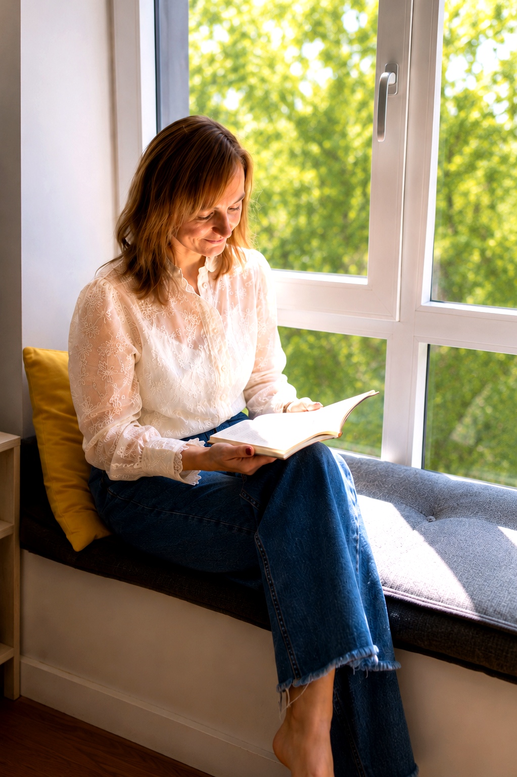 Zory reading by a sunlit window